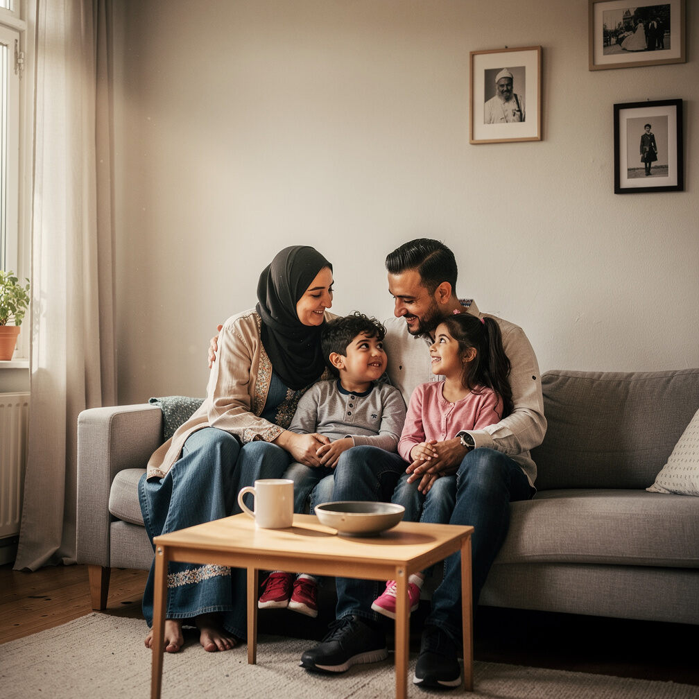 Group portrait of an immigrant family at home in Denmark