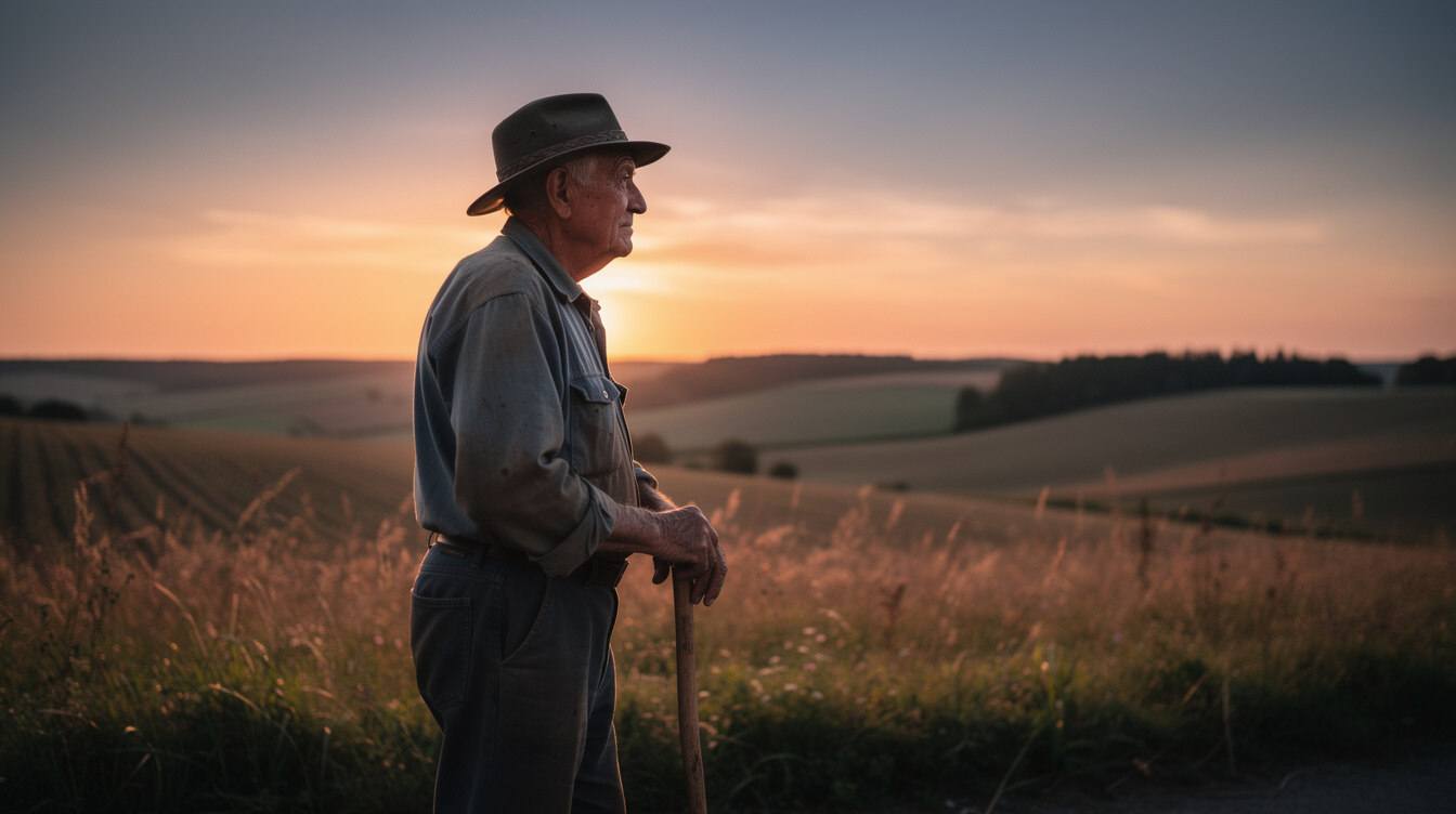 elderly man in field at sunset