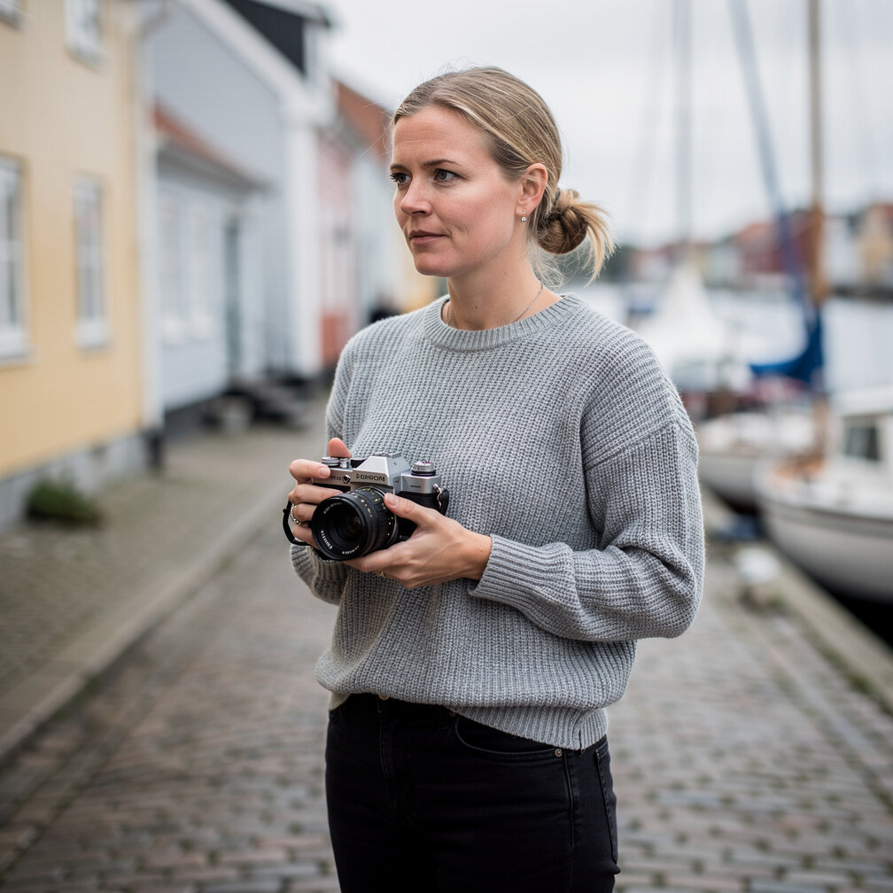 Scandinavian documentary photographer holding a film camera in a harbour town