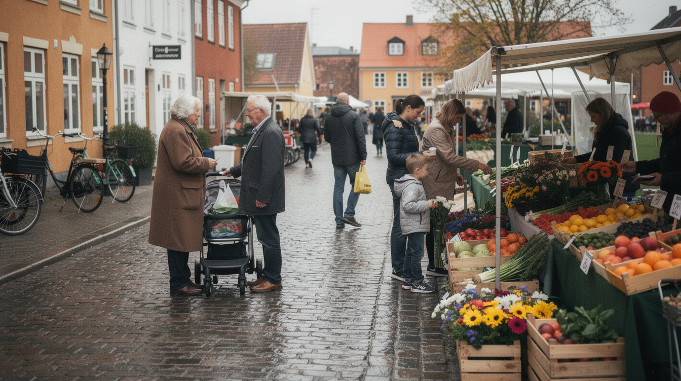 Candid scene of a local street market in a Danish town