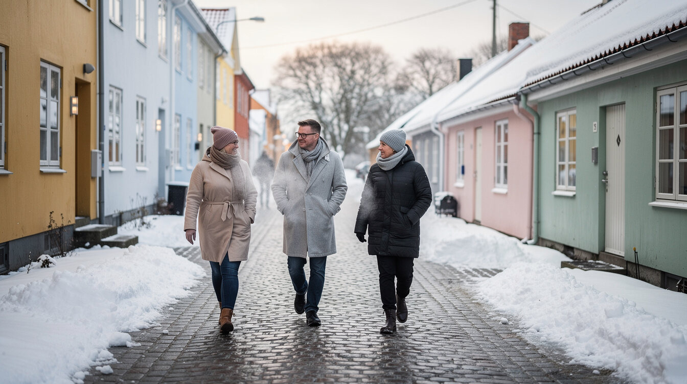 Community members walking through a snowy Danish street