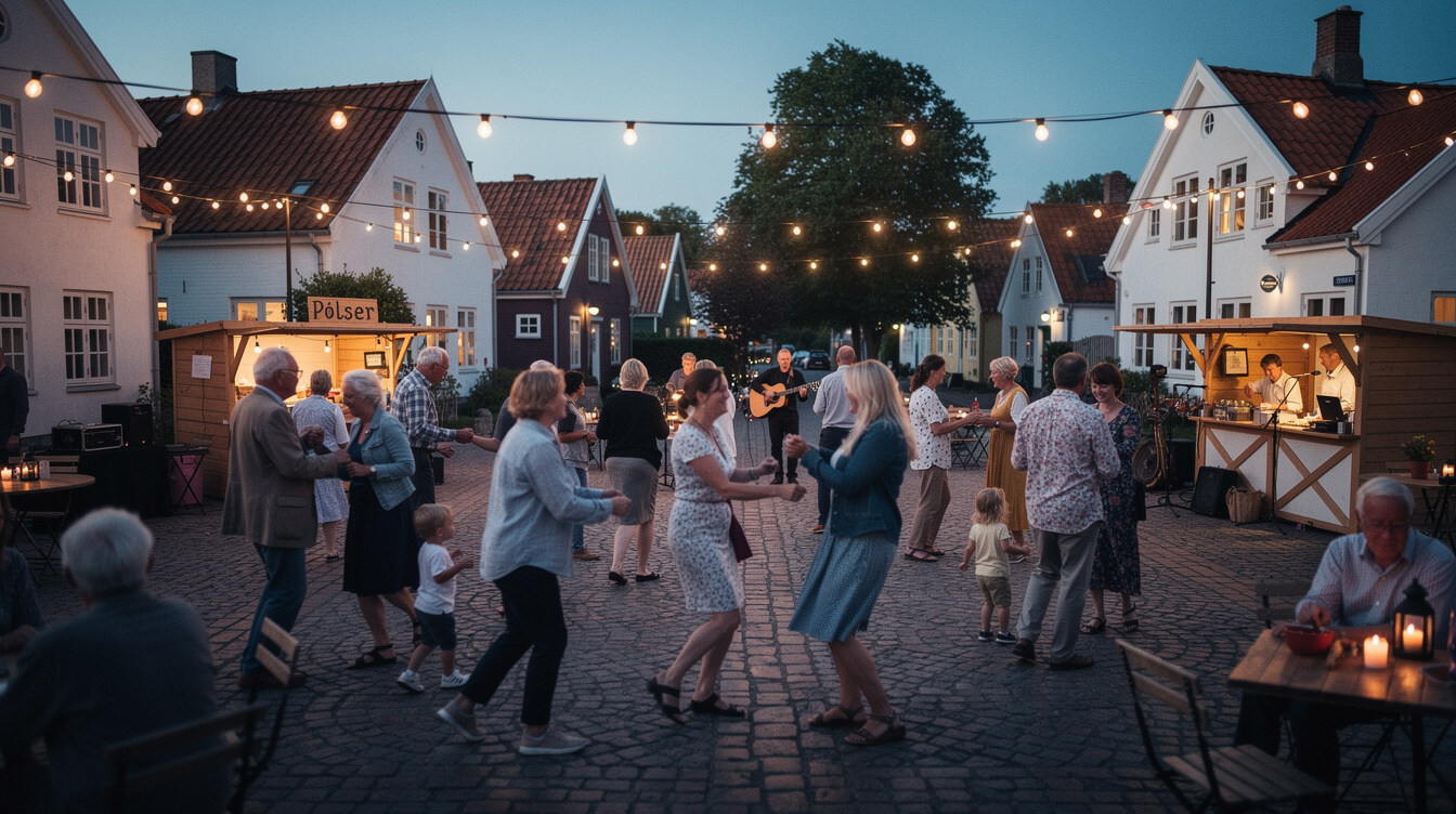 Danish community festival with string lights and people dancing