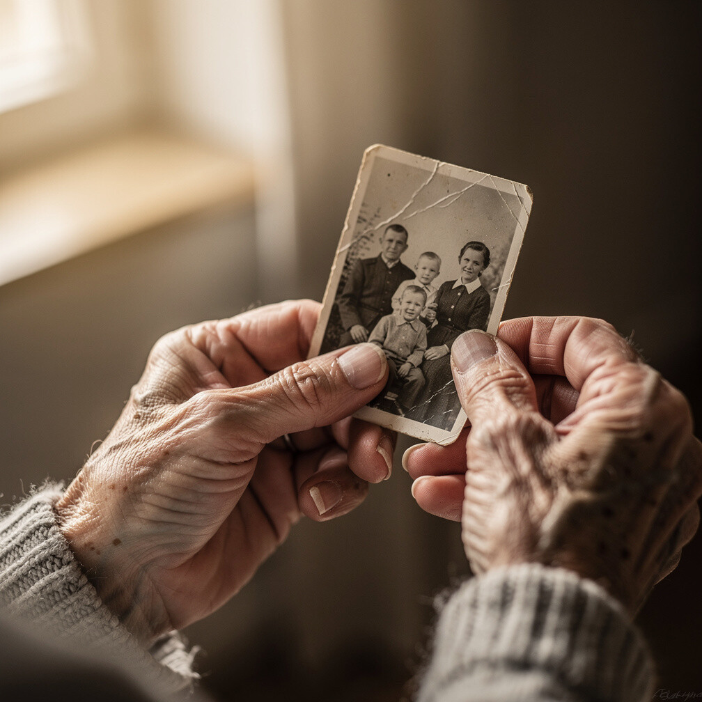 Close up of elderly Danish woman's wrinkled hands holding an old photograph