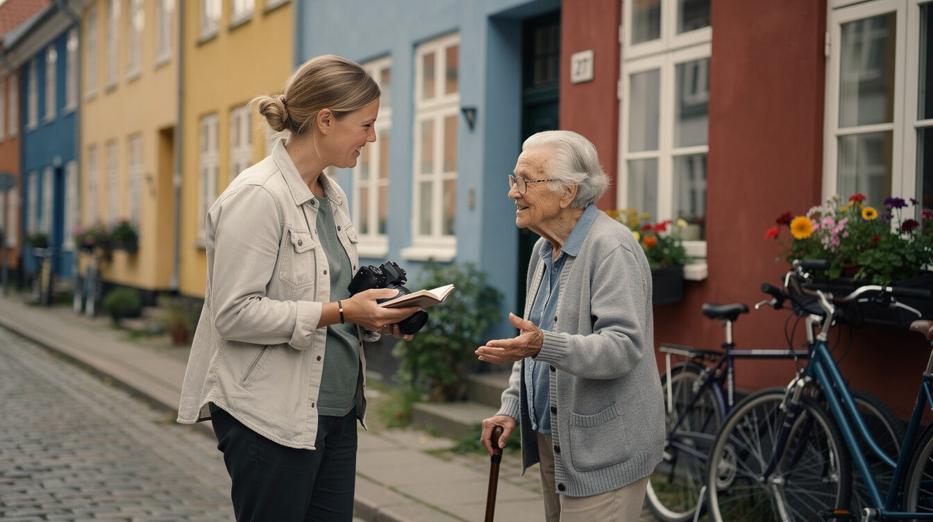 Photographer interviewing a resident on a residential street in Denmark
