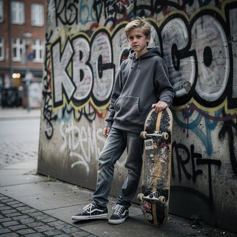 Portrait of a teenage Danish skateboarder in an urban Copenhagen setting
