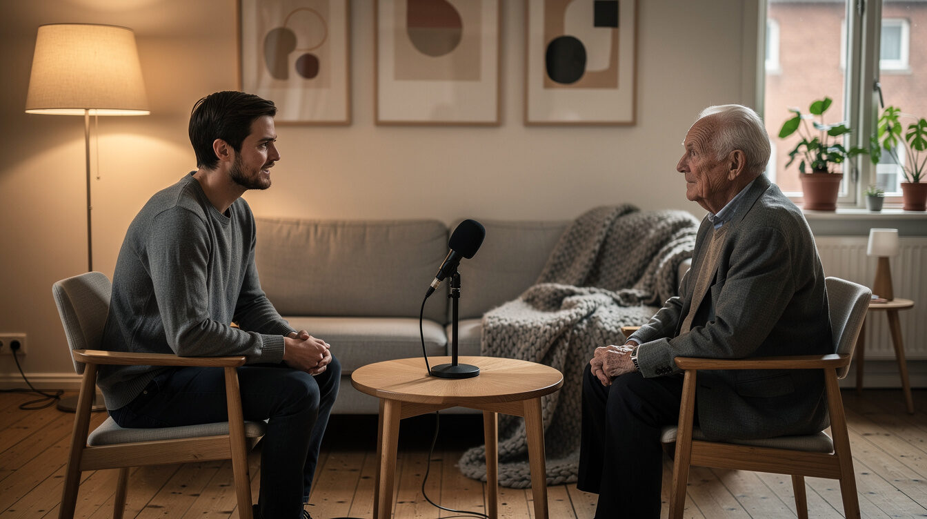 Two people seated for an interview with a microphone in a cosy Danish living room