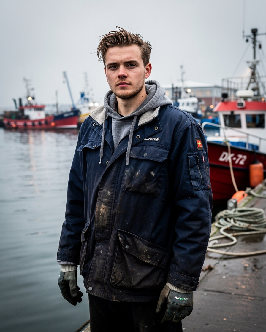 Portrait of a young Danish dock worker at a harbour