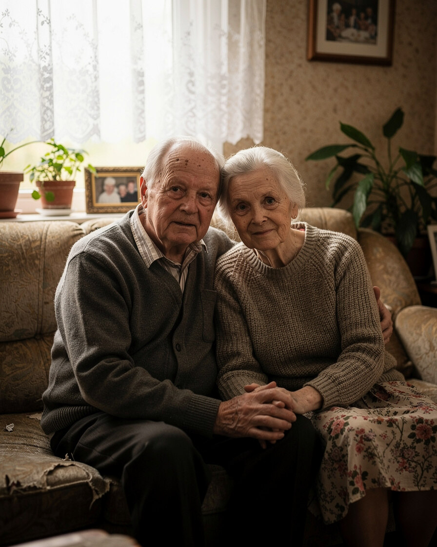 Portrait of an elderly Danish couple sitting together at home