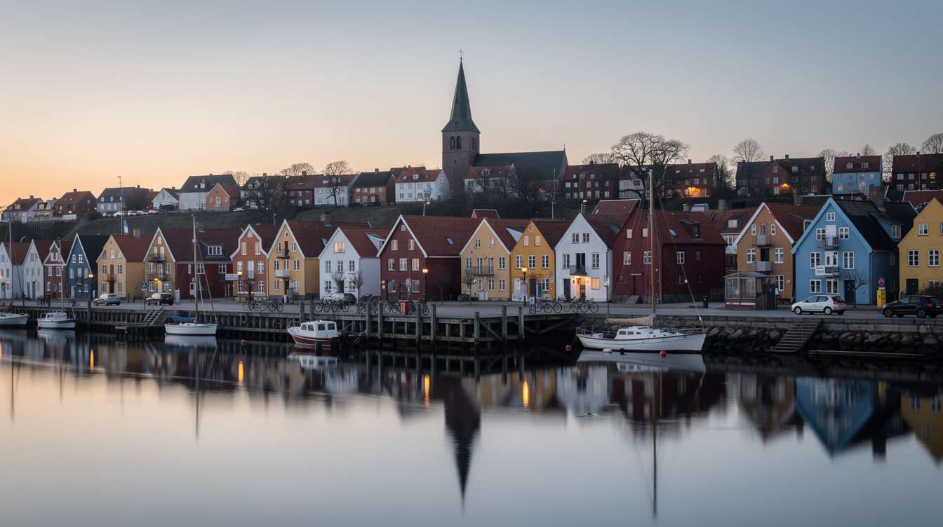 Rooftops of a small Danish harbour town at dusk
