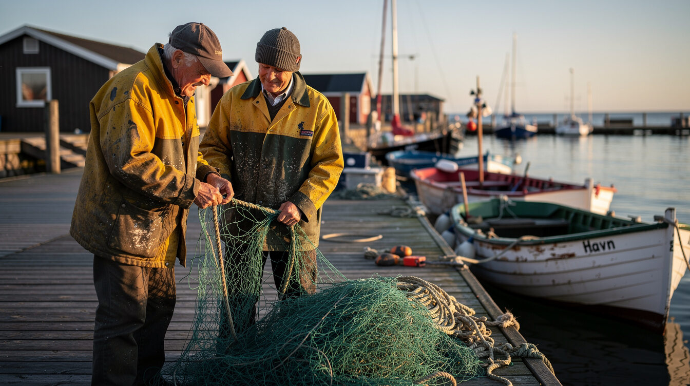 Elderly Danish fishermen mending nets at a harbour in golden light